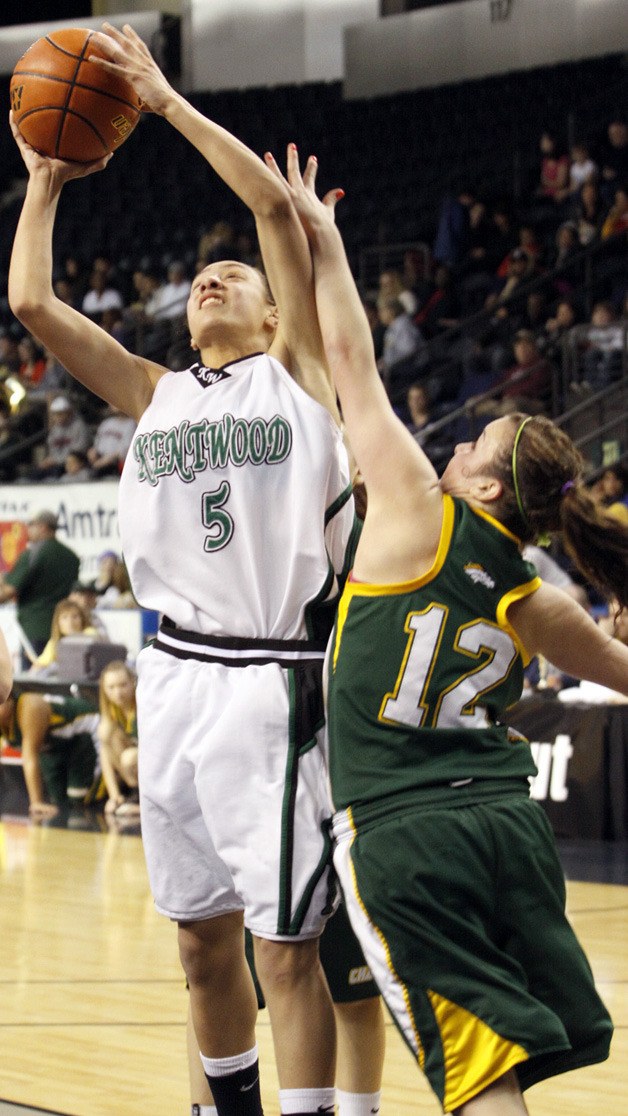 Sarah Toeaina goes up for the shot against a Kentridge defender. She is one of seven sophomores on a Kentwood team that is 6-1 overall as of Dec. 27.