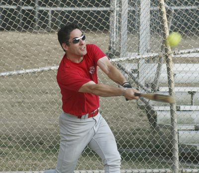 Terry Brown hit the ball for the Maple Valley Fire Department team Monday at Lake Wilderness Park.