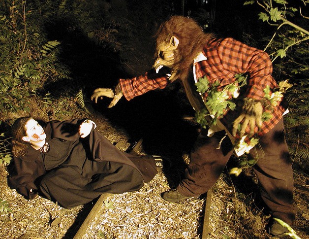 A pair of actors create some ambiance in the Dark Hollow Haunted Forest in Royal Arch Park. The haunted attraction opens Friday and is a fundraiser.