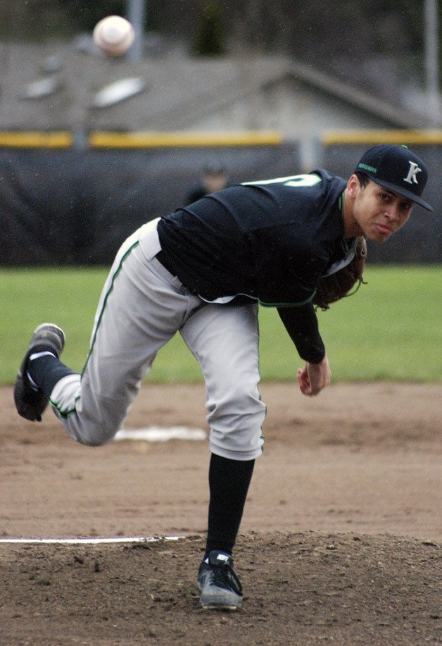 Kentwood's Jordan Jones pitches against Auburn Riverside in the first South Puget Sound League North game of the season March 19. Kentwood won 11-5.