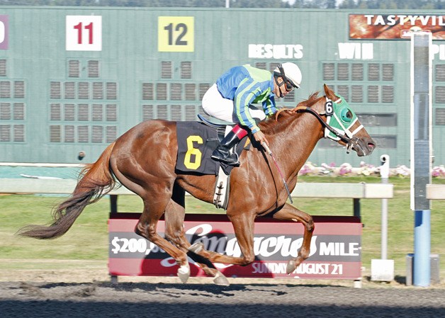 Marquetching and jockey Pedro Terrero cross the wire with a 1-½ length victory Saturday in the feature race for 3 year olds