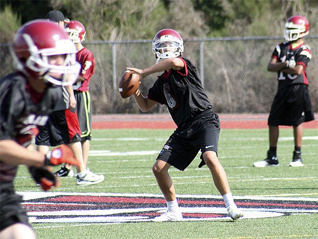 A Kentlake quarterback prepares to throw a deep pass during the Falcons first practice of the 2014 season on Aug. 20. Kentlake opens the season against Graham Kapowsin on Sept. 4.