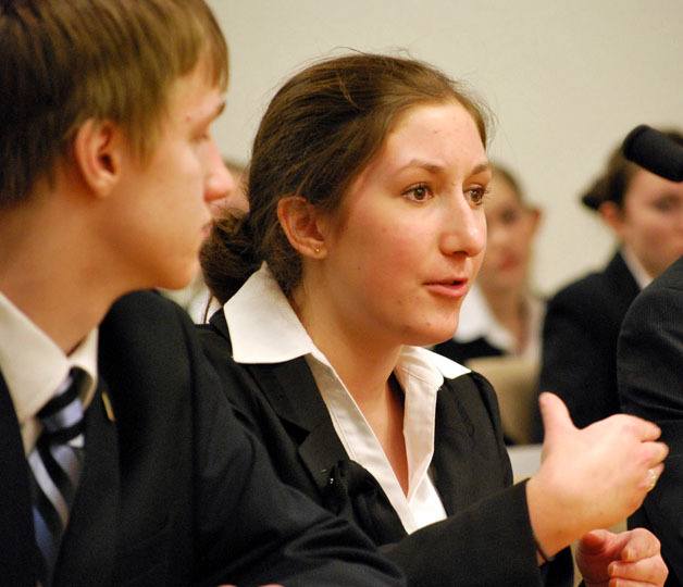 Tahoma High senior Emily Martin calls upon her knowledge of the U.S. Constitution to answer a question from a panel of judges during Saturday’s We the People state competition in Olympia.