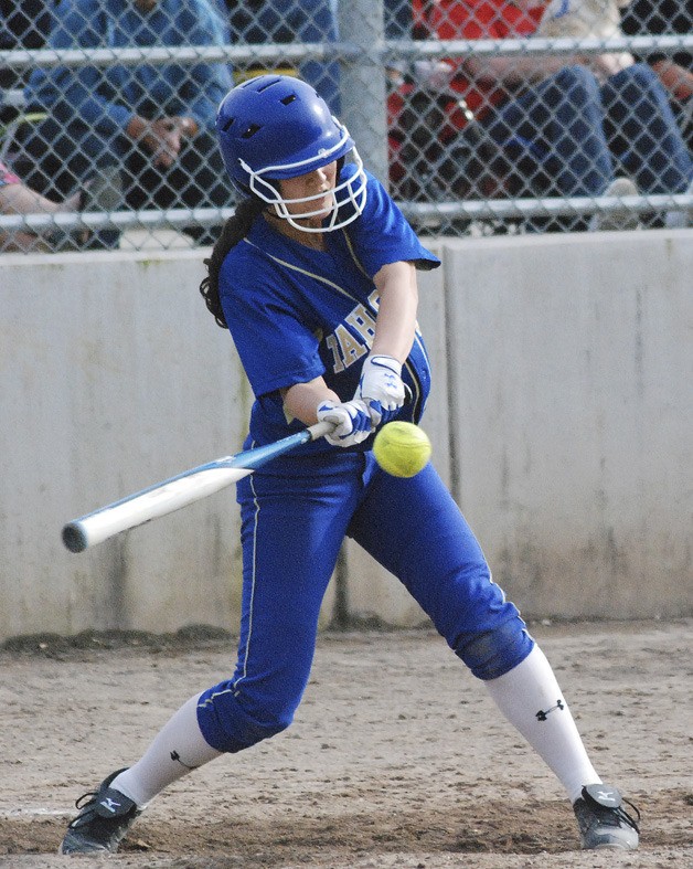 Tahoma's Sammii Jimenez hits a bloop single to shallow right center field in the bottom of the seventh inning Wednesday afternoon against Kentlake.