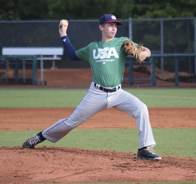 Tahoma freshman Hunter Jenkins pitches during the final game of the showcase.