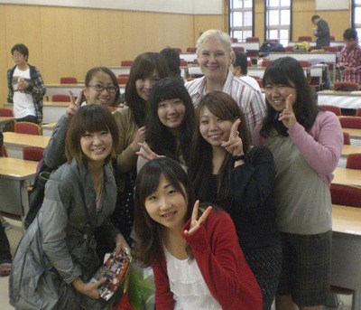 Tanya Amador meets with students at the Kyushu medical university in Japan in October 2010.