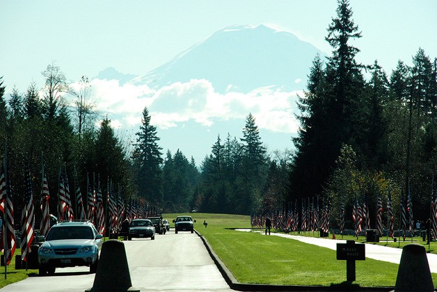 Flag-lined Street of Heroes at Tahoma National Cemetery.