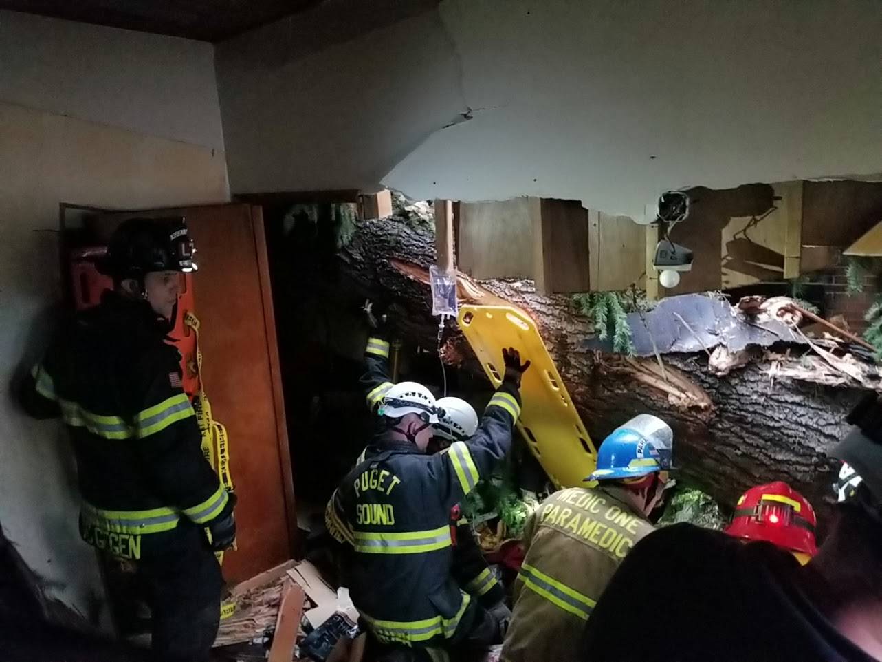 Puget Sound Fire District rescuers work to remove a tree that pinned a man in an apartment complex in unincorporated Maple Valley on Sunday, Feb. 23, 2020.                                 Photo courtesy of Puget Sound Fire.