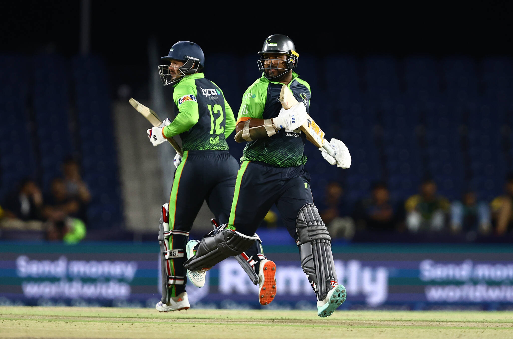 Quinton de Kock and Shehan Jayasuriya of Seattle Orcas during match twenty one of the Cognizant Major League Cricket season 2 between Seattle Orcas and Texas Super Kings held at the Grand Prairie cricket stadium, Grand Prairie, United States of America (USA) on the 23rd July 2024 Photo by Richard Huggard / Sportzpics for MLC
Credit: Major League Cricket