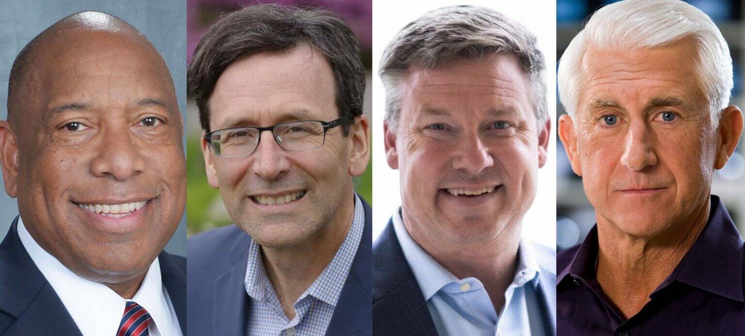 Primary candidates in the 2024 Washington state governor’s race. From left to right, Semi Bird (R), Bob Ferguson (D), Mark Mullet (D) and Dave Reichert (R). Photos courtesy of campaigns