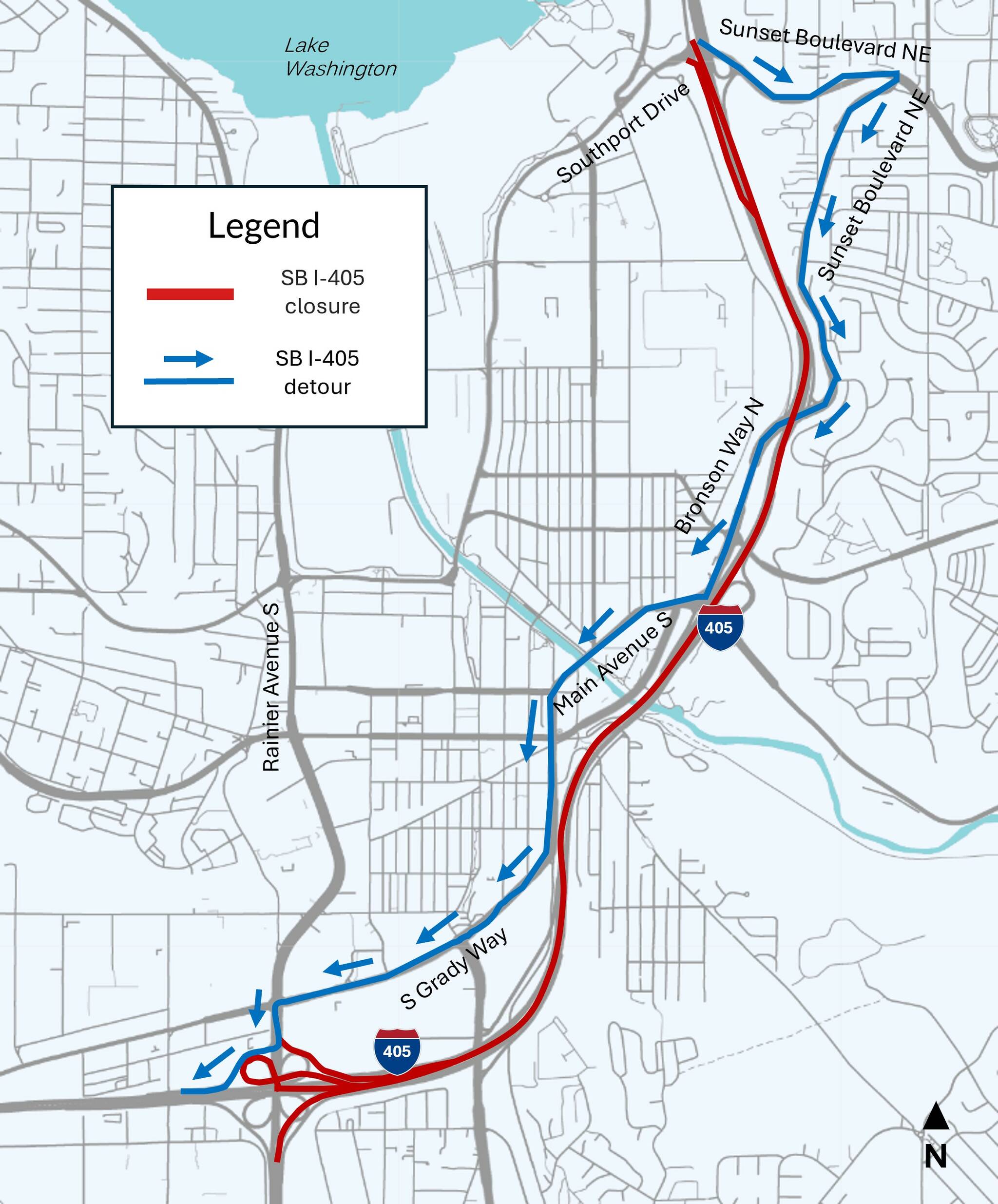 Southbound I-405 through Renton will be closed late Friday evening to early Monday morning. Courtesy of WSDOT.