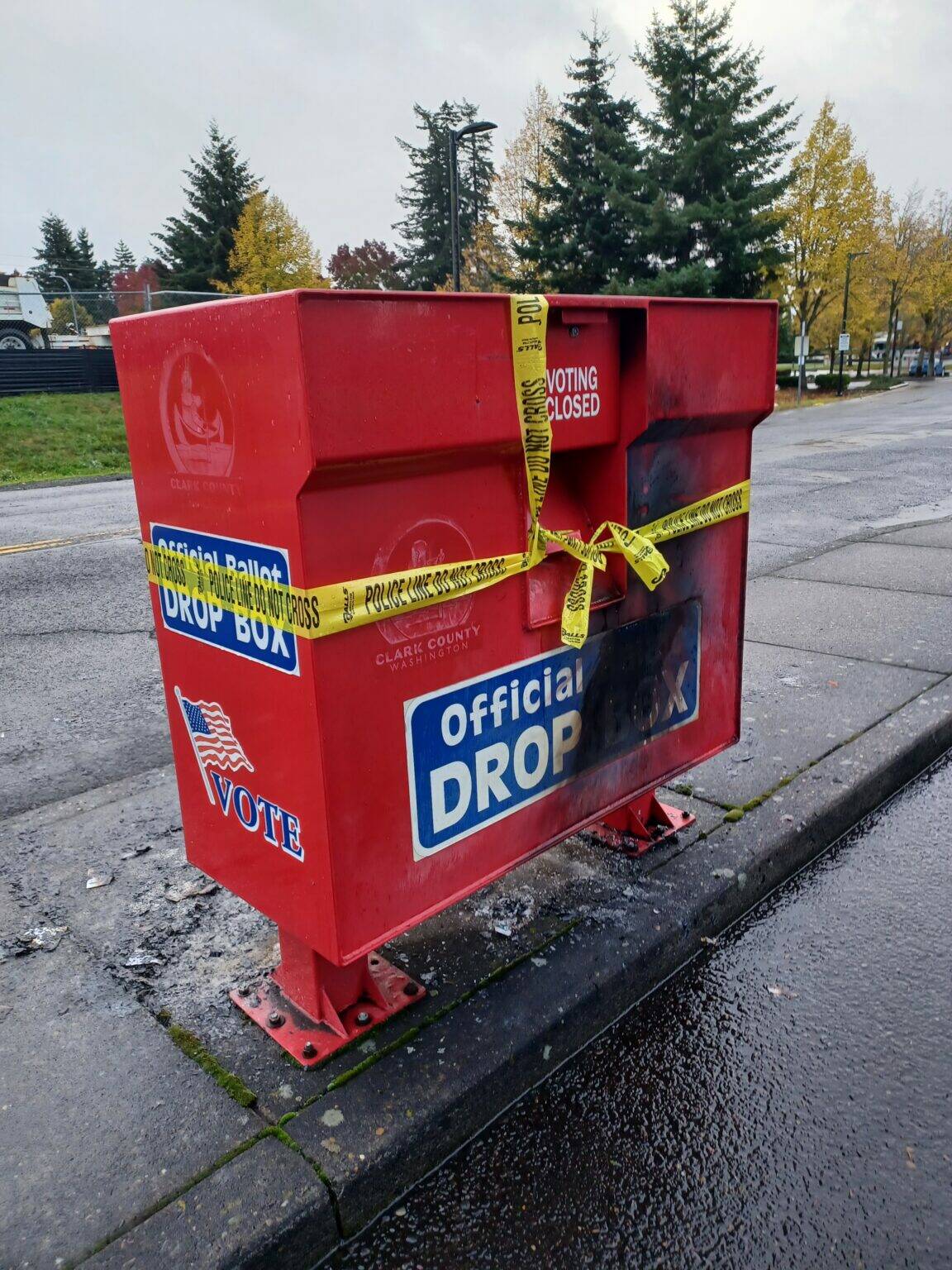 A ballot drop box damaged in a suspected arson incident in Vancouver, Washington, on Oct. 28, 2024. Monika Spykerman/The Columbian/Courtesy of Washington State Standard