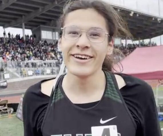 Veronica Garcia gives an interview after winning the 2A girls 400-meter final at the 2024 Washington State Championships at Mt. Tahoma High School in Tacoma. (Screenshot from Runnerspace.com video)